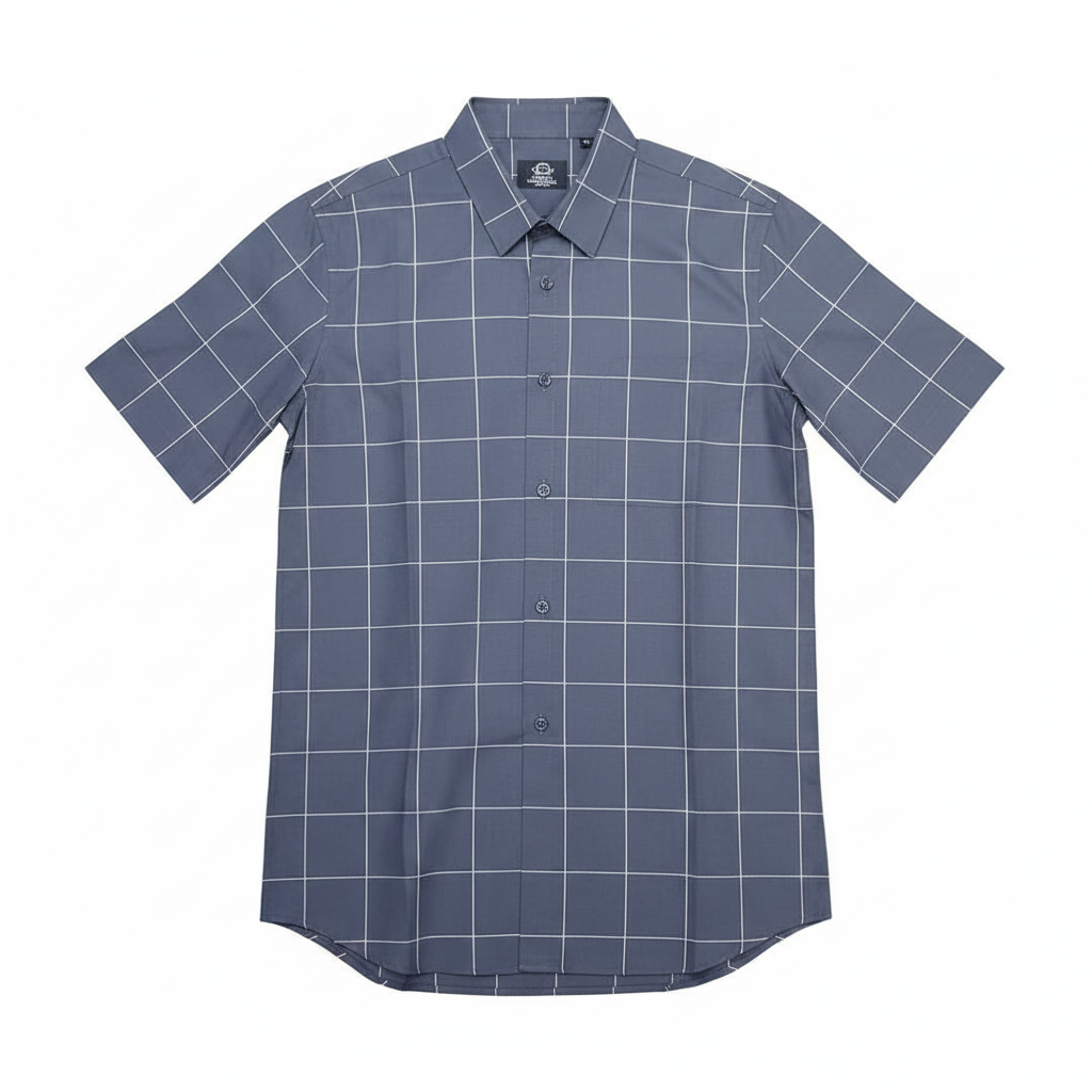 Ghost mannequin of charcoal grey windowpane short-sleeved shirt