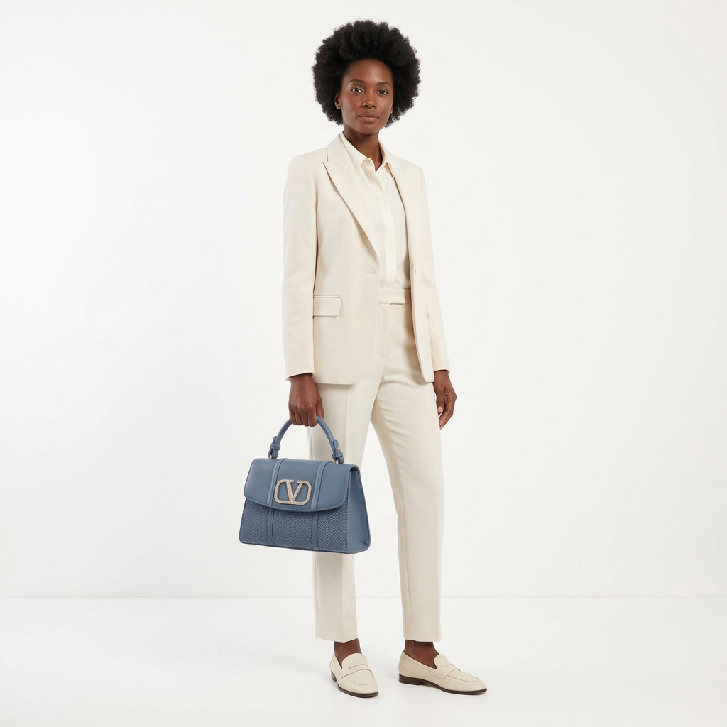 Woman in cream tailoring carrying one slate blue patterned-panel top-handle handbag