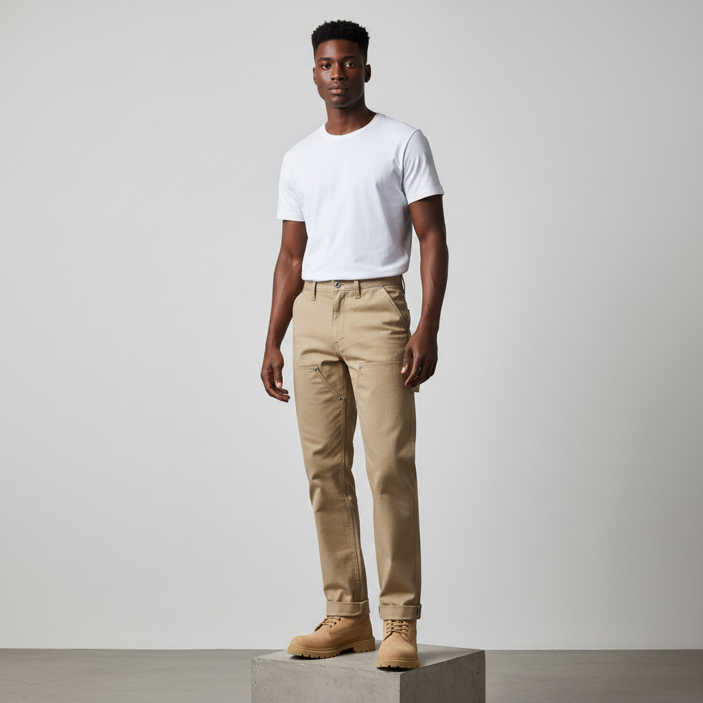 Nigerian male model wearing khaki carpenter utility trousers with white shirt