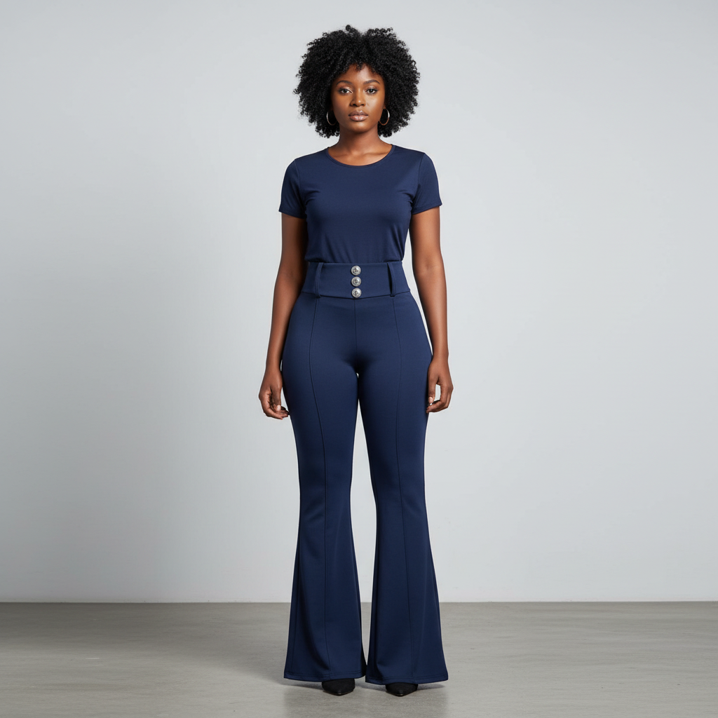 Navy Blue High-Waist Flare Trousers - Model Front