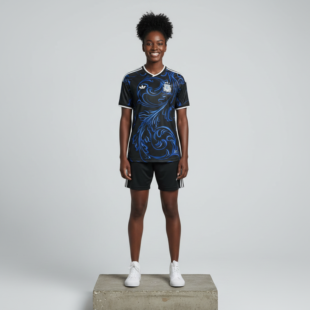 Nigerian female model wearing black blue baroque swirl football jersey on concrete plinth