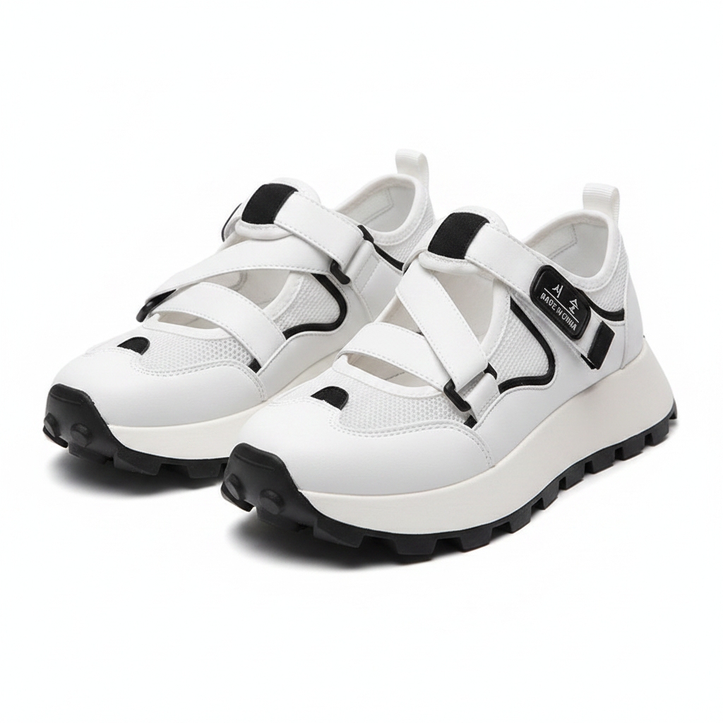 Women's white and black mesh hybrid sneaker-sandals ghost mannequin pair view