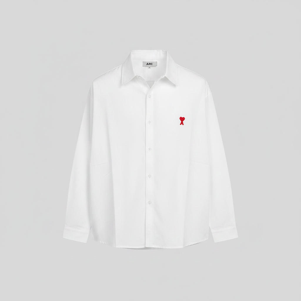 Men's White Heart Logo Long Sleeve Shirt – Ghost Mannequin Front View