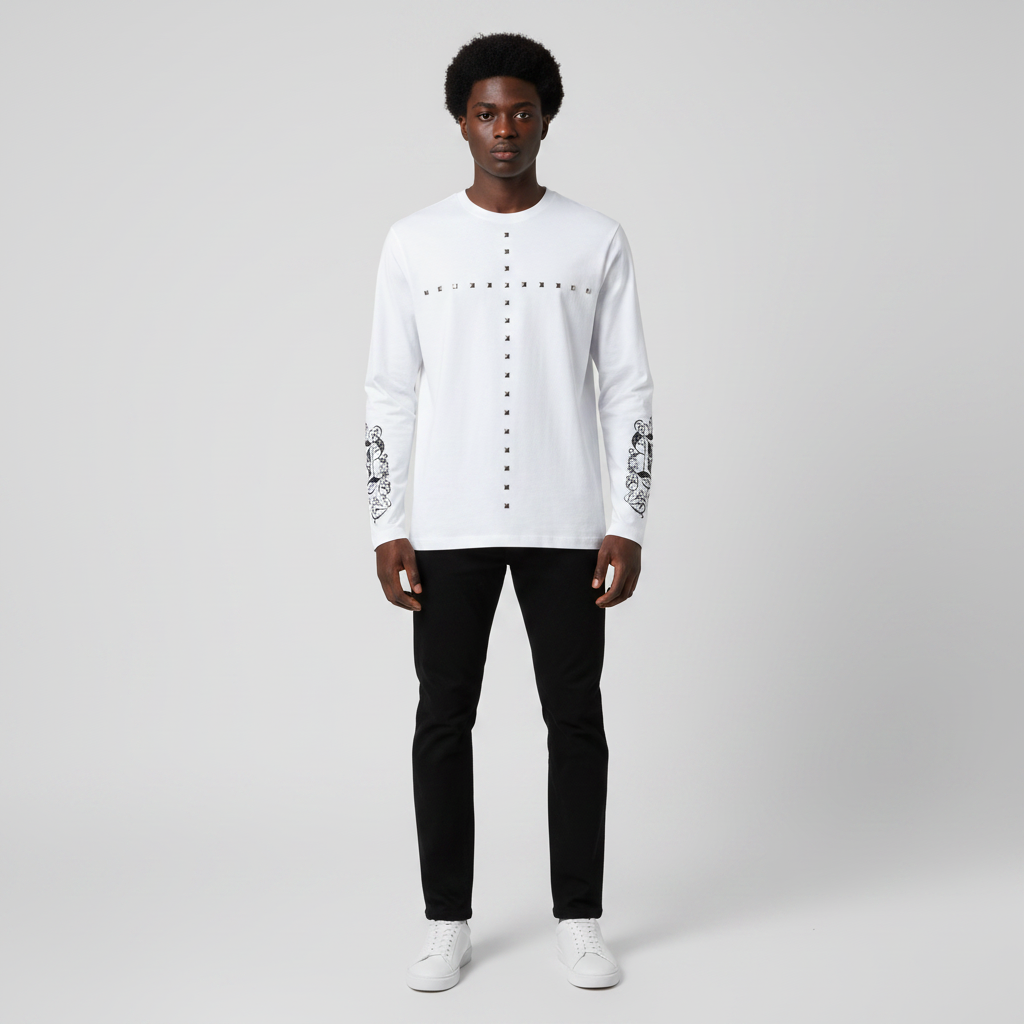 Man wearing the white studded cross long sleeve tee