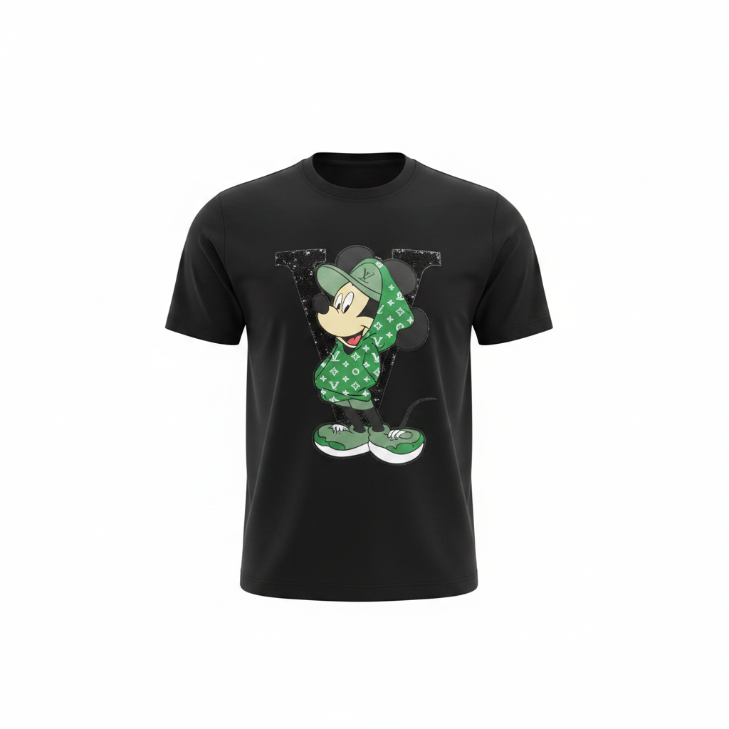 Ghost mannequin front view of black cartoon character streetwear T-shirt