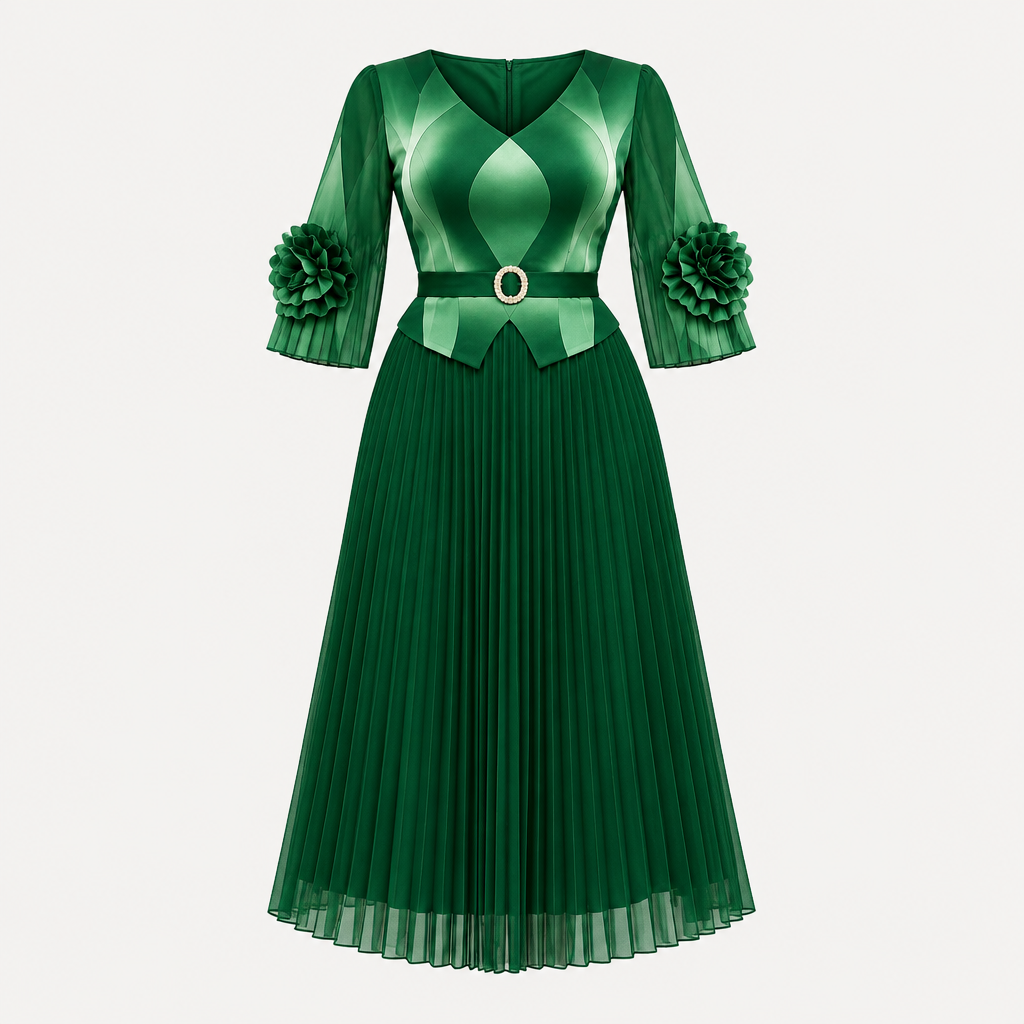 Ghost mannequin view of an emerald pleated gown with floral cuff accents and a belted waist