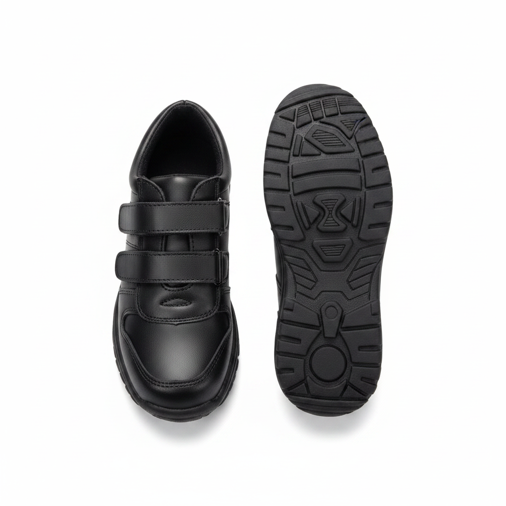 Kids black double velcro school shoe pair — ghost mannequin front and side view