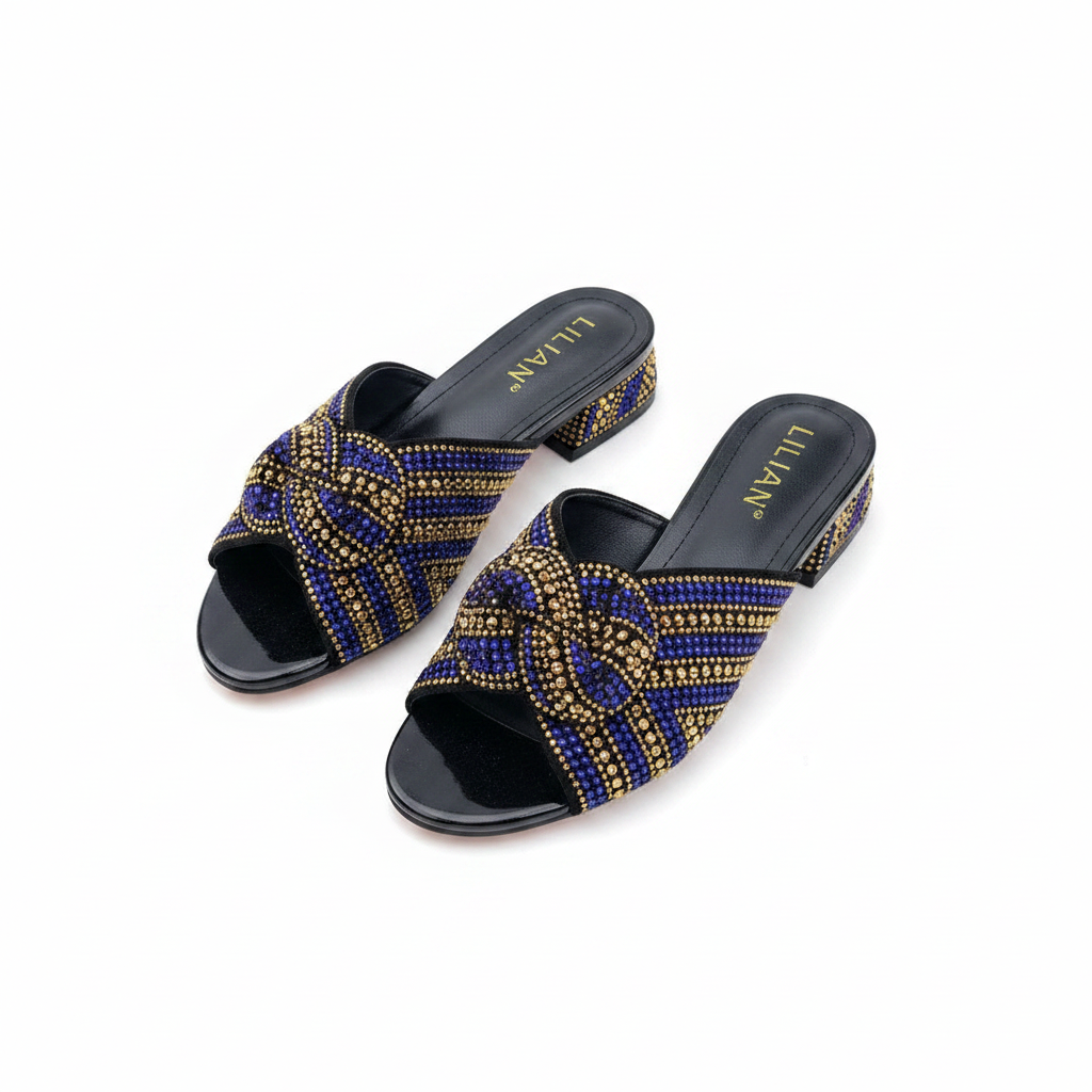 Ghost mannequin pair view of gold and purple rhinestone crossover knot block heel mules