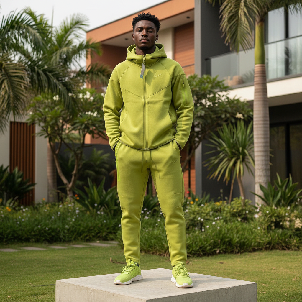Men's Lime Green Tech Fleece Tracksuit Set – Nigerian Male Model
