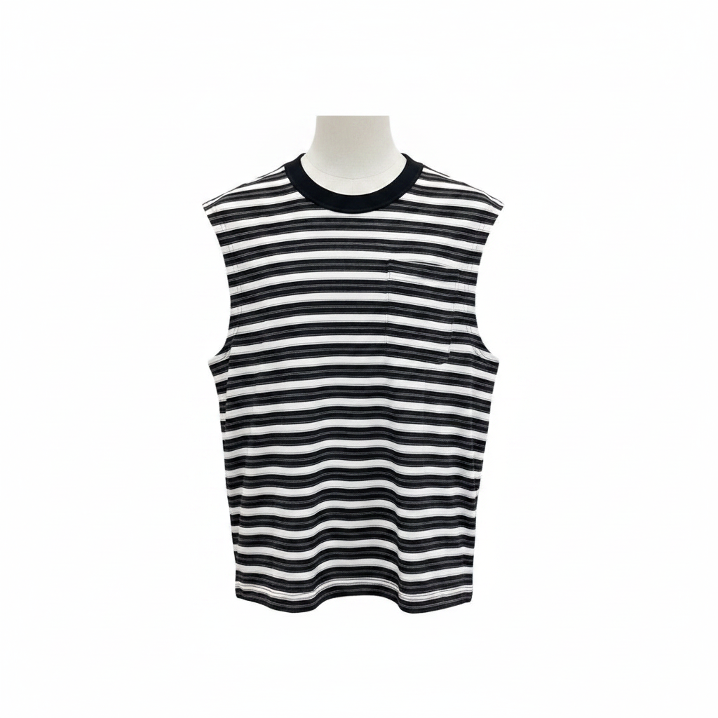 Men's black and white striped sleeveless vest – ghost mannequin front view