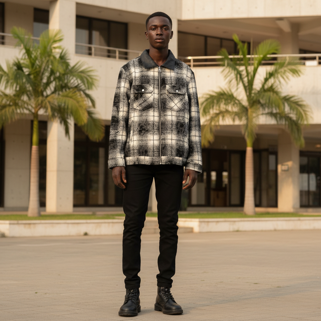Model wearing black plaid tweed distressed zip jacket