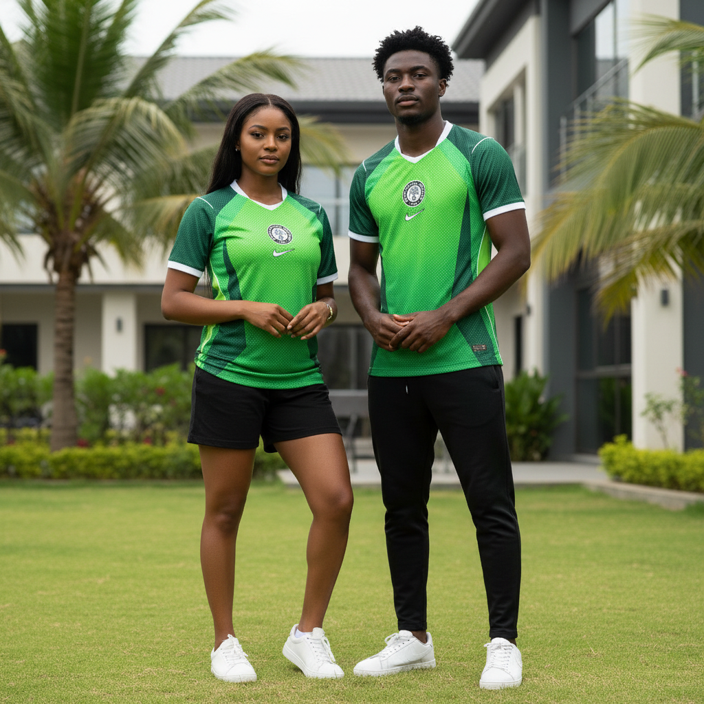 Nigerian female and male models wearing bright green gradient mesh V-neck football jersey with NFF crest badge