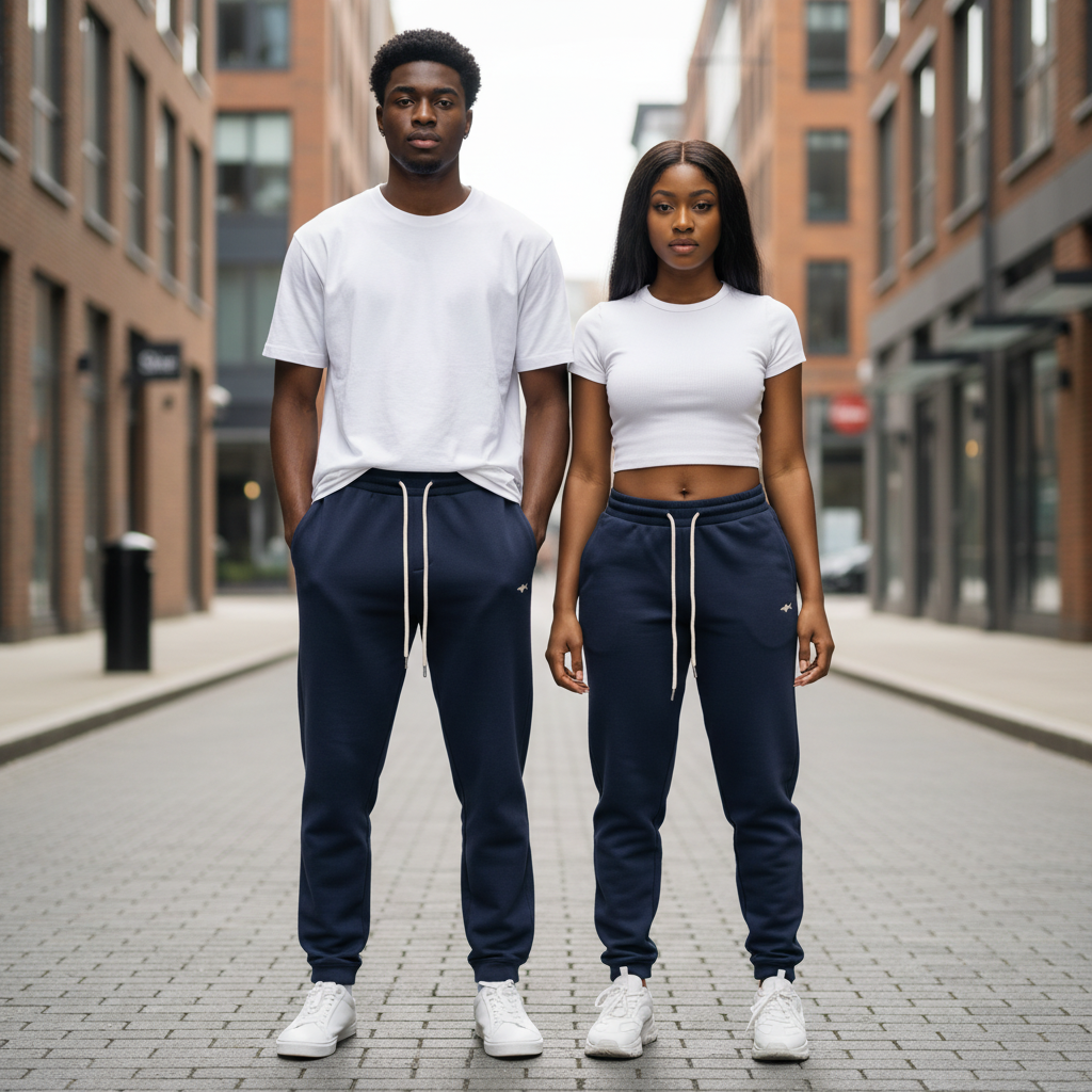 Nigerian male and female models wearing navy shark logo jogger sweatpants