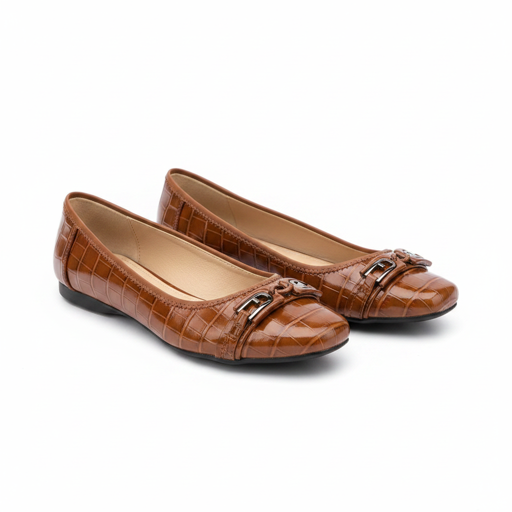 Layinka Store Tan Croc Patent Square-Buckle Ballet Flats – Catalog Shot