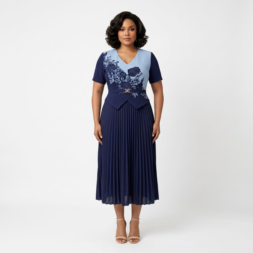 Black woman wearing navy floral-panel pleated midi dress on plain white background