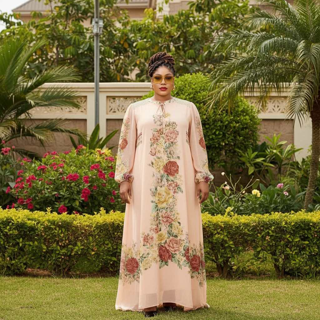 Women's Blush Pink Floral Maxi Dress — Nigerian female model shot