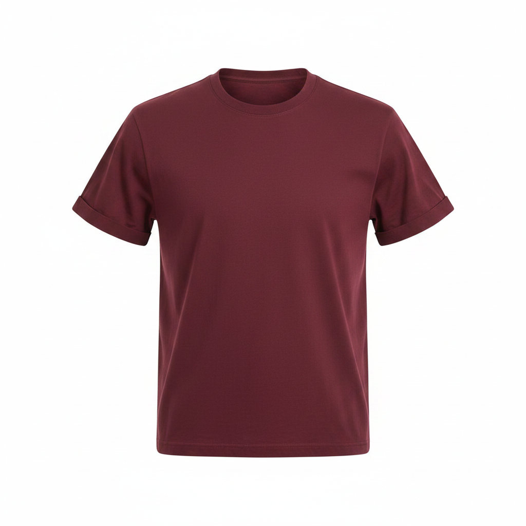 Plain maroon crew neck t-shirt on ghost mannequin, white background