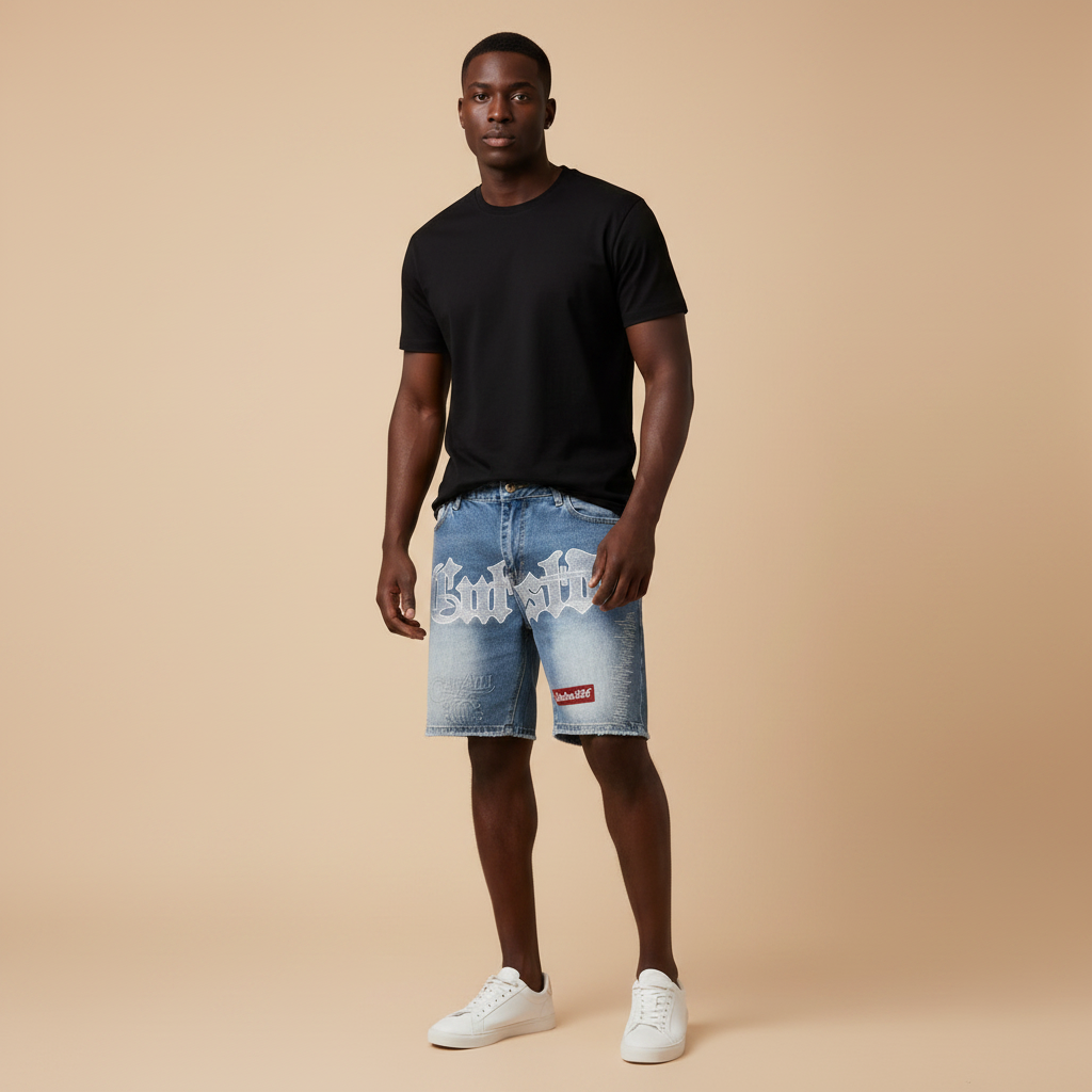Man wearing light blue embroidered denim shorts with a black t-shirt