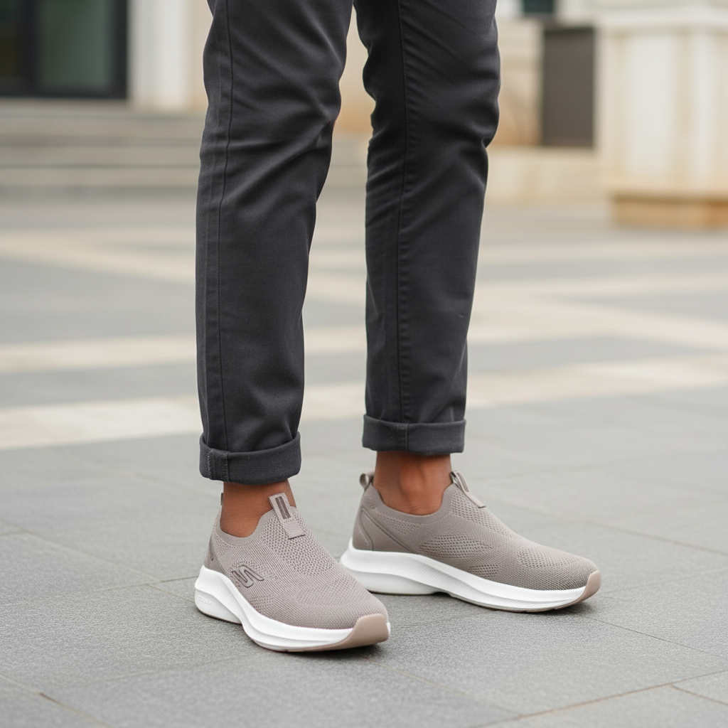 Nigerian male model wearing taupe knit slip-on sneakers, Gen Z street style leg shot