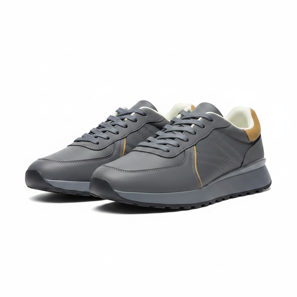 Men's slate grey leather retro runner sneakers with mustard heel pair product shot