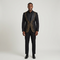Full-body Black adult model wearing a black gold-embellished shawl-collar jacket