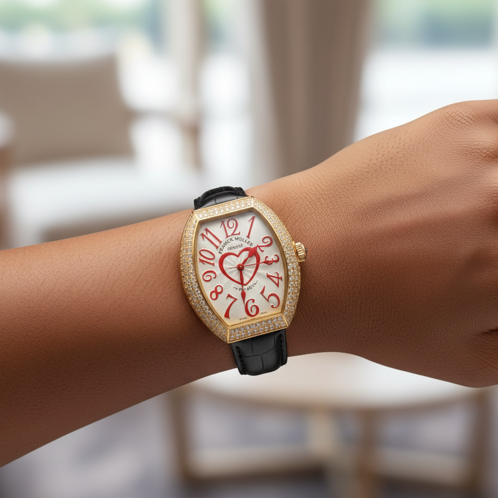 Women's gold diamond bezel red numeral open heart dial tonneau watch worn on Nigerian model wrist — lifestyle wrist shot