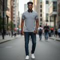 Young Nigerian male model wearing grey anchor tipped polo shirt