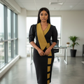 Nigerian female model in corporate office setting wearing Women's Black & Mustard Diagonal Sash 3/4 Sleeve Bodycon Midi Dress
