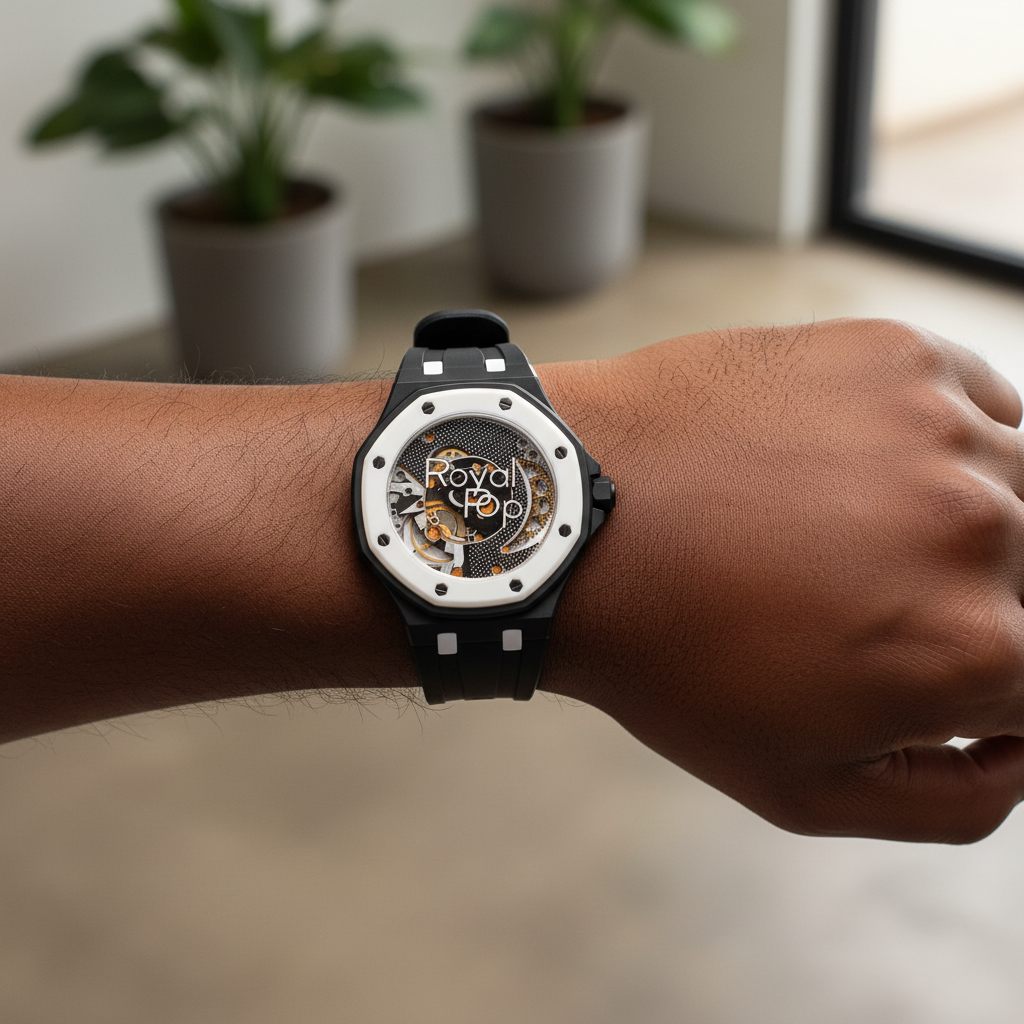 Nigerian male model wearing unisex black octagonal skeleton pop watch with white bezel on wrist