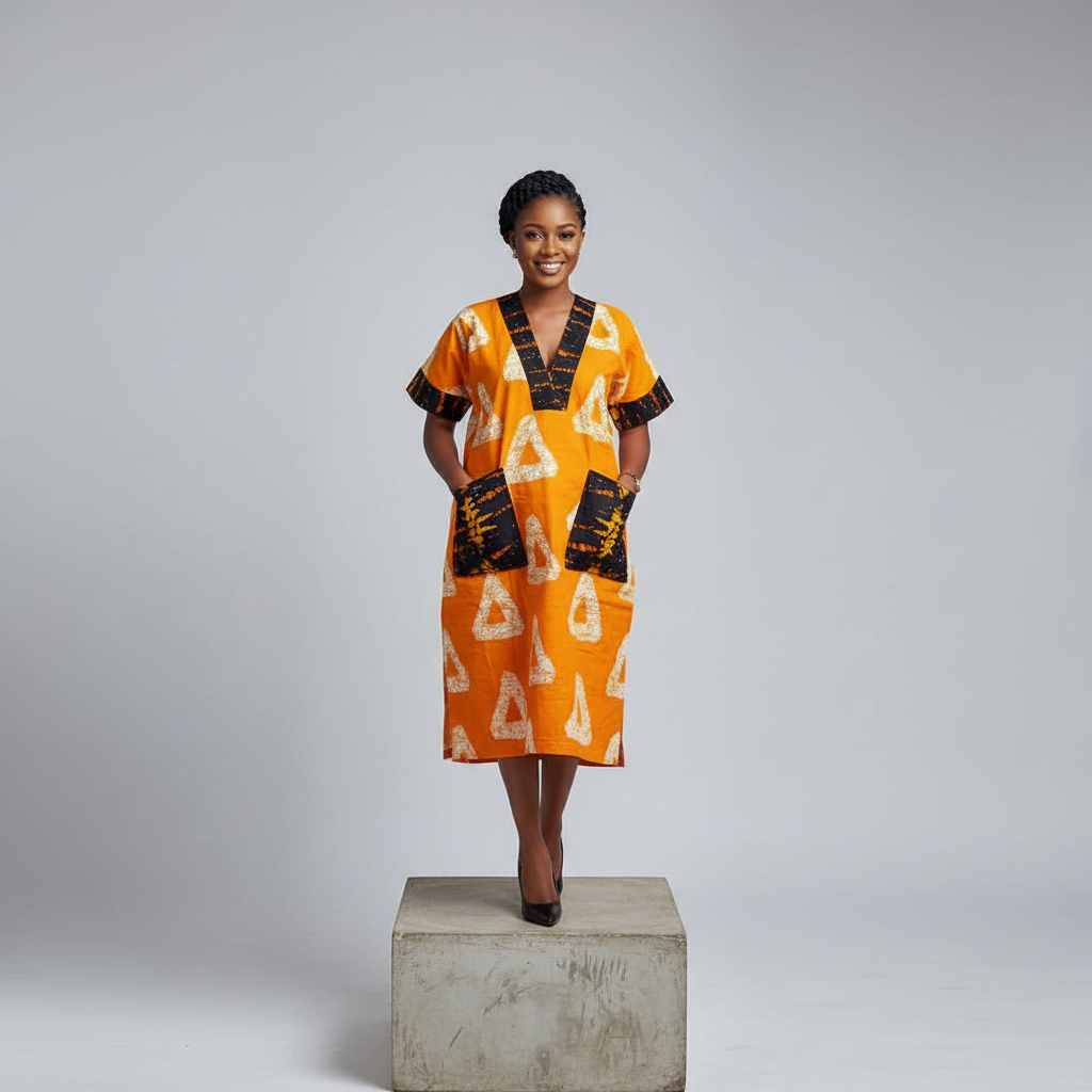 Nigerian female model wearing orange batik gown with white triangle print and black adire collar and pockets