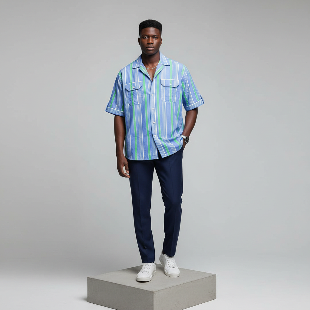 Blue Green White Multistripe Short-Sleeved Shirt - Model Shot