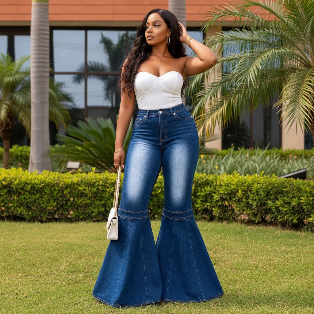 Nigerian female model wearing deep blue high-waist super flare bell-bottom denim jeans in garden setting