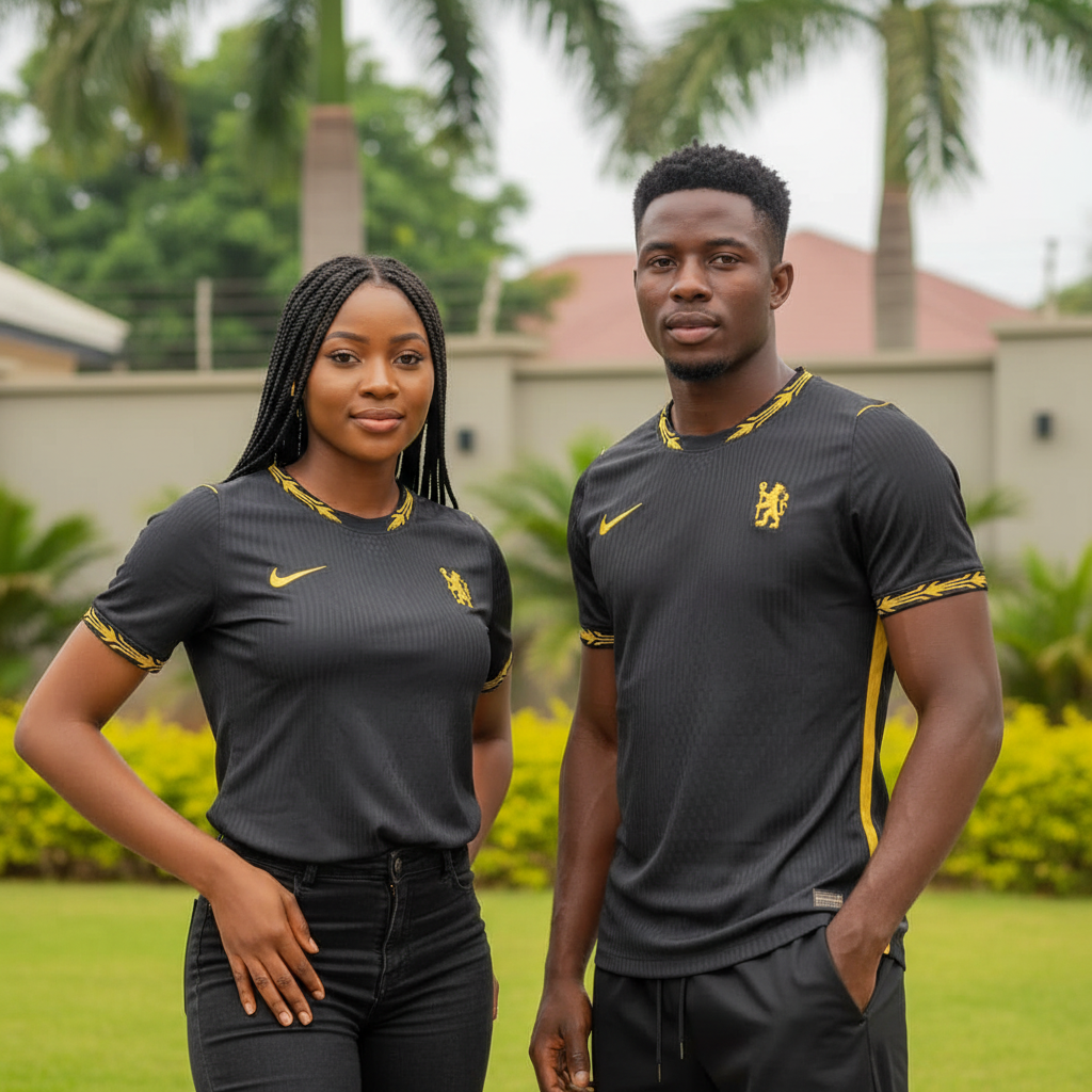 Nigerian female and male models wearing charcoal gold laurel trim football jersey
