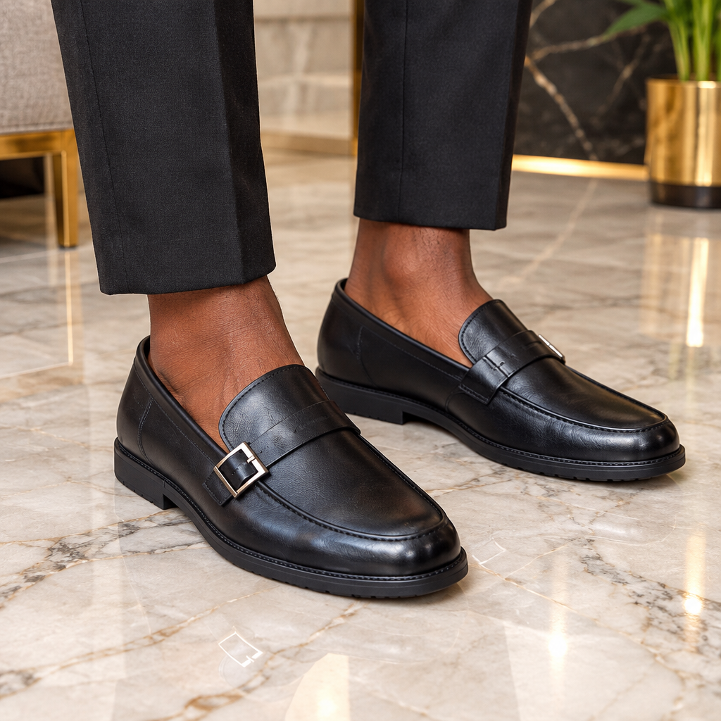 Both feet wearing black buckle-detail loafers on marble