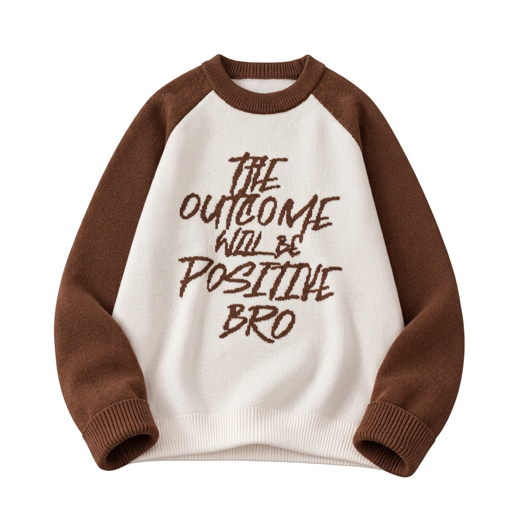 Cream knit sweater with brown raglan sleeves and a brown slogan graphic