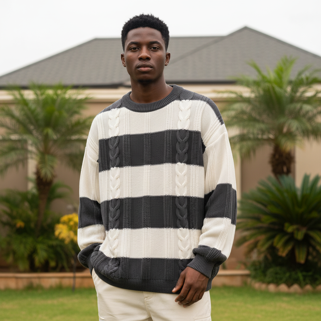 Nigerian male model wearing men's grey cream stripe cable knit sweater