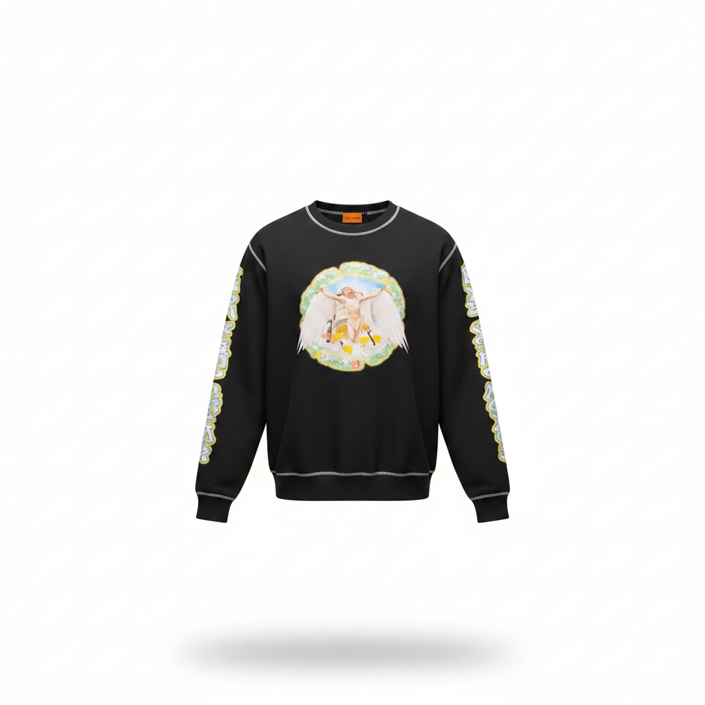 Ghost mannequin view of the black graphic print sweatshirt