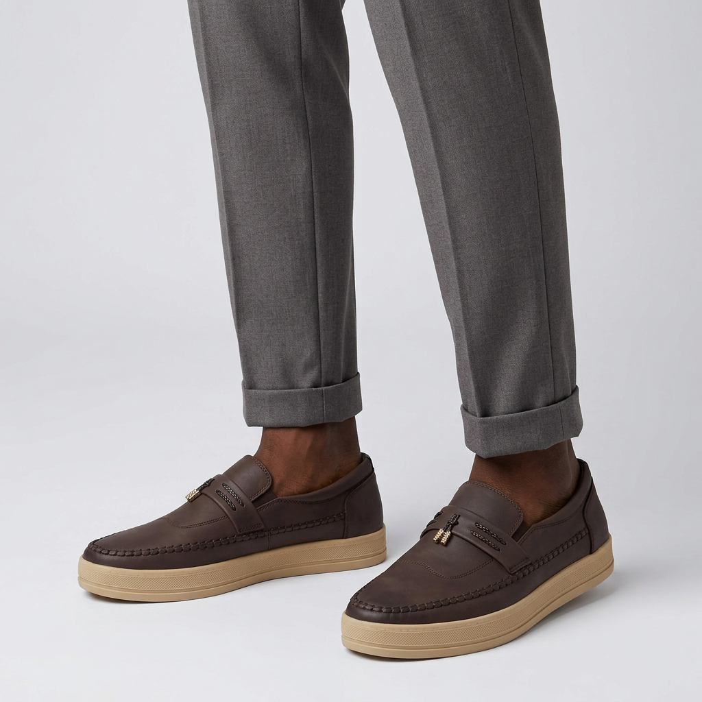 Nigerian man wearing dark brown cord-detail loafers
