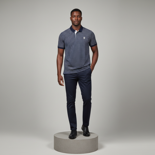 Navy Blue White Striped Polo Shirt - Model Front