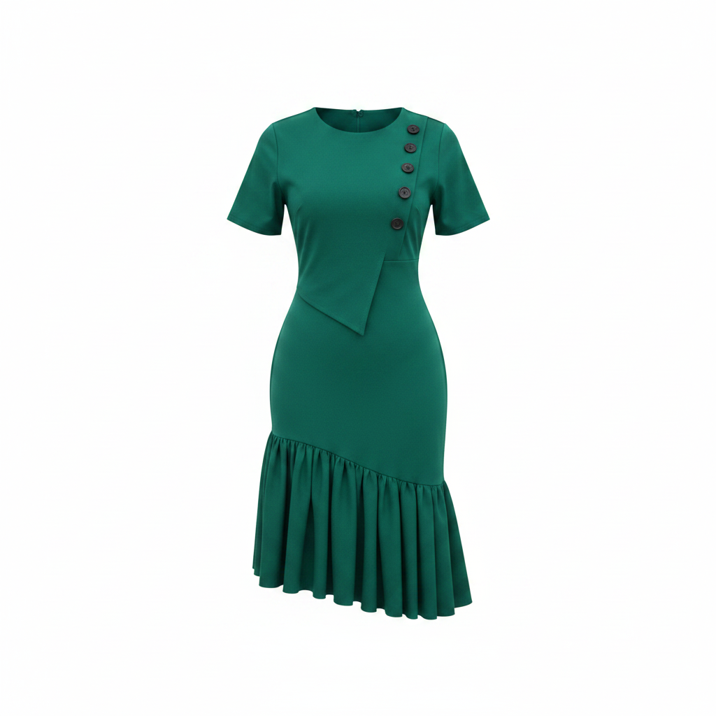 Women's Teal Pleated Hem Bodycon Midi Dress - Ghost Mannequin Front View