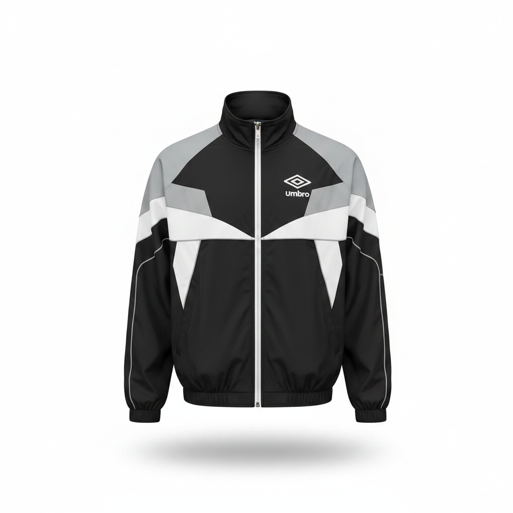 Ghost mannequin view of the black and grey colourblock track jacket