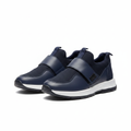 Men's navy blue leather and ribbed knit velcro-strap slip-on sneakers pair product shot