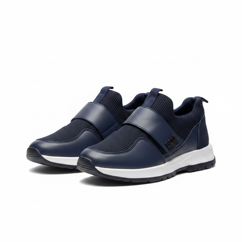 Men's navy blue leather and ribbed knit velcro-strap slip-on sneakers pair product shot