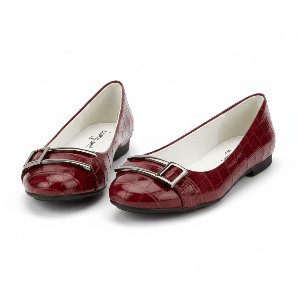 Women's croc-embossed round-toe metal buckle ballet flat - ghost mannequin pair view