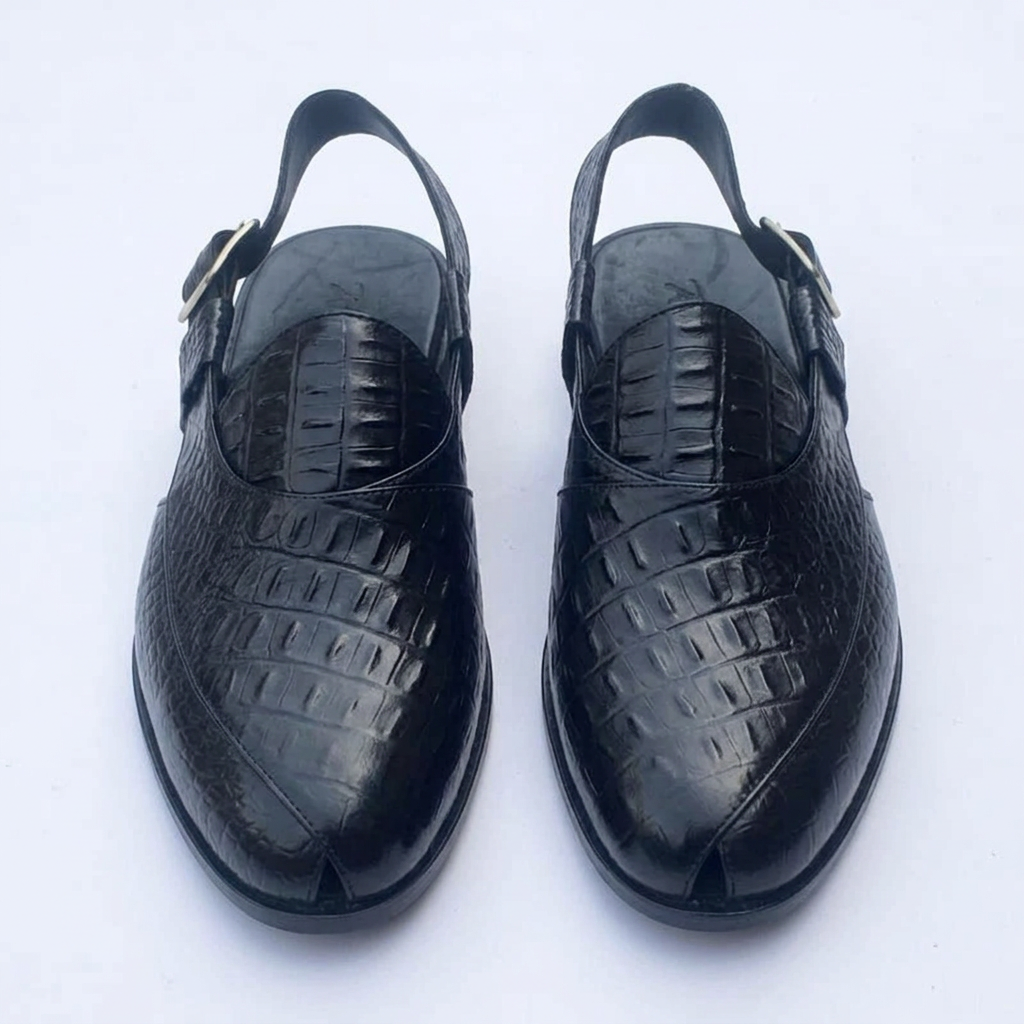 Straight-on black crocodile-effect slingback shoes aligned side by side