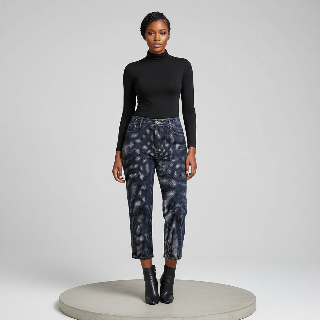 Navy Rhinestone 3/4 Denim Trousers - Model Front