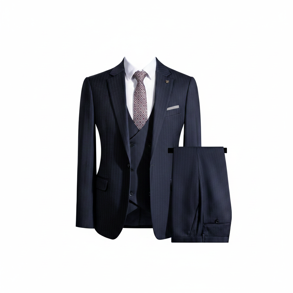 Deep navy pinstripe 3-piece suit ghost mannequin view