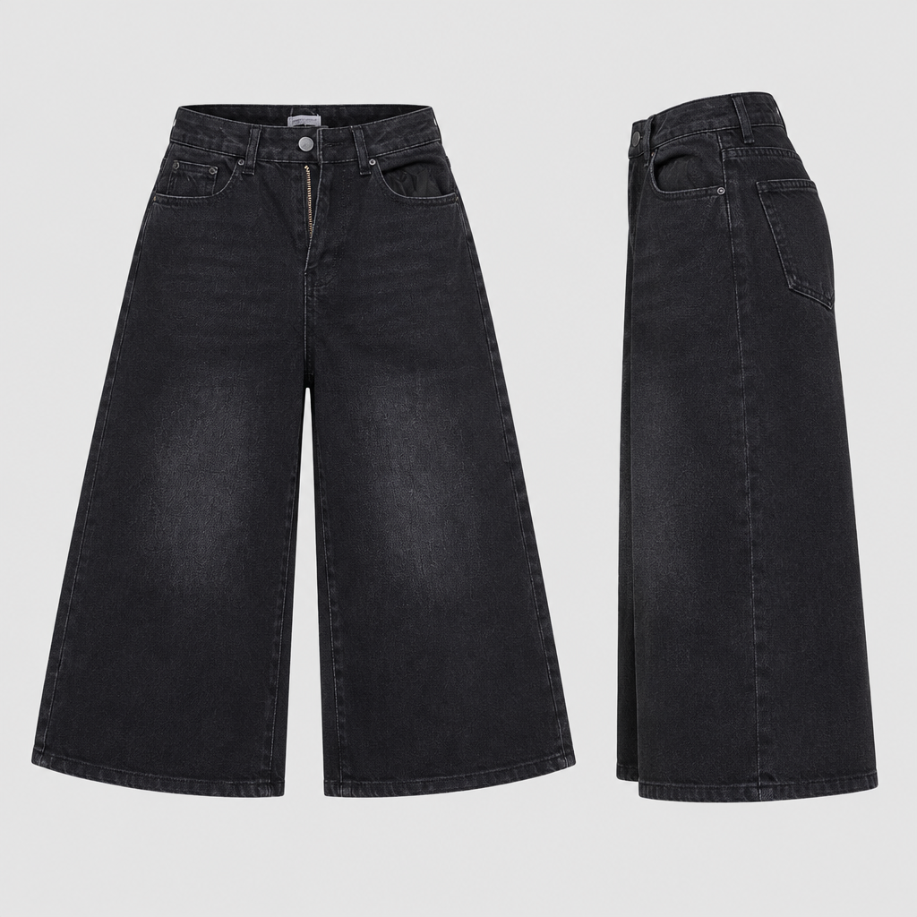 Black denim long shorts front and side product views
