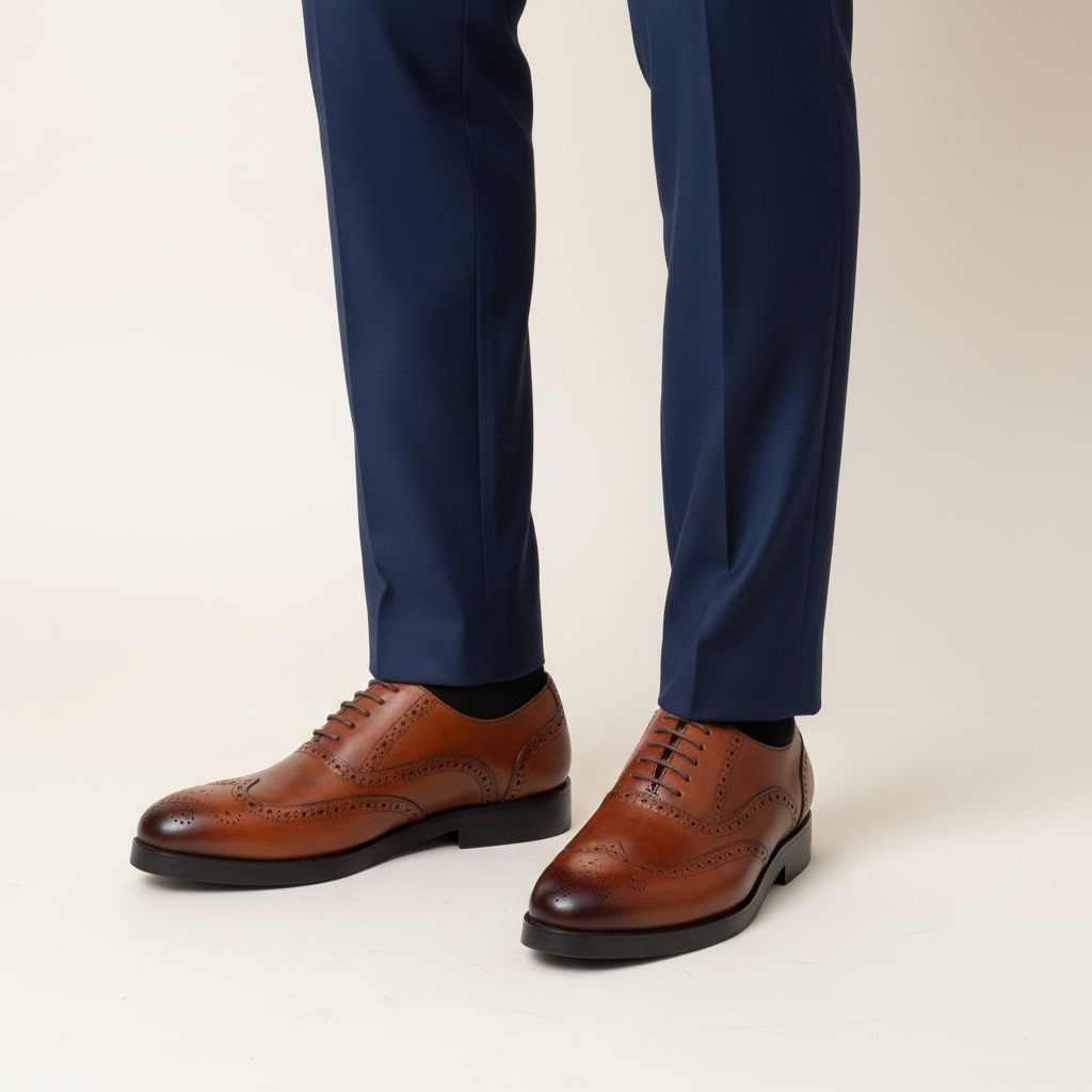 Tan leather wingtip brogue oxfords worn with navy suit trousers