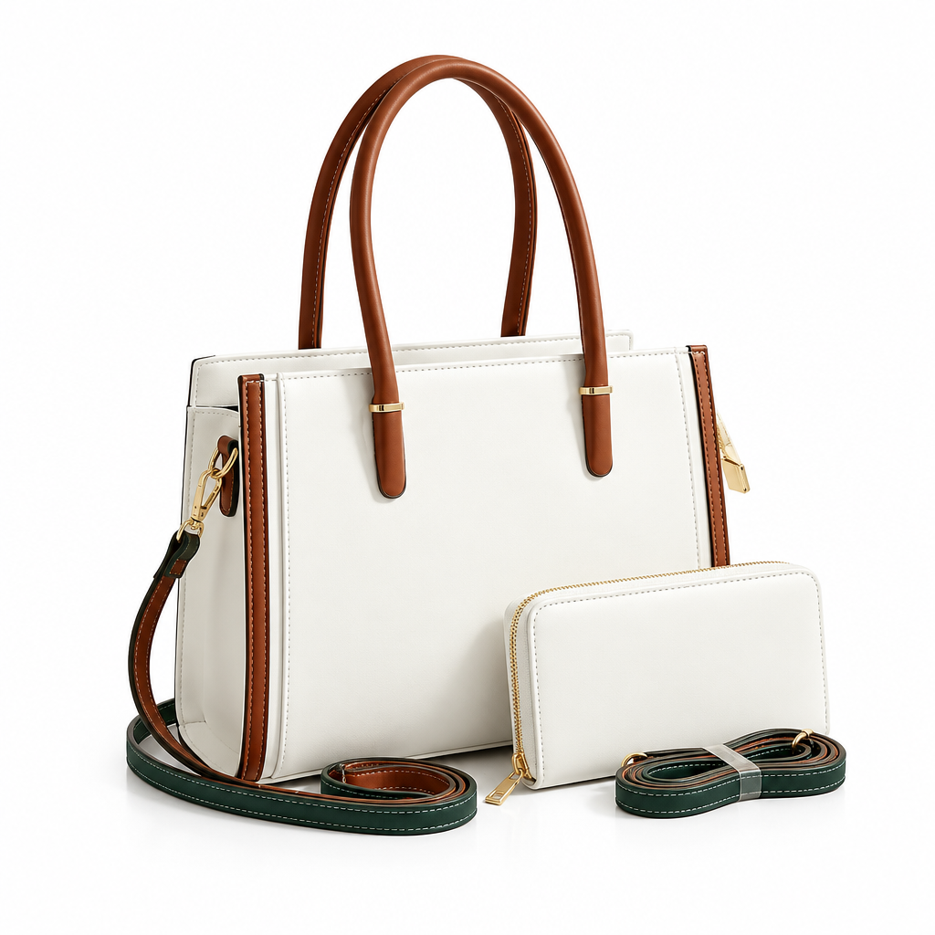 Ivory tote with brown handles and matching purse on white
